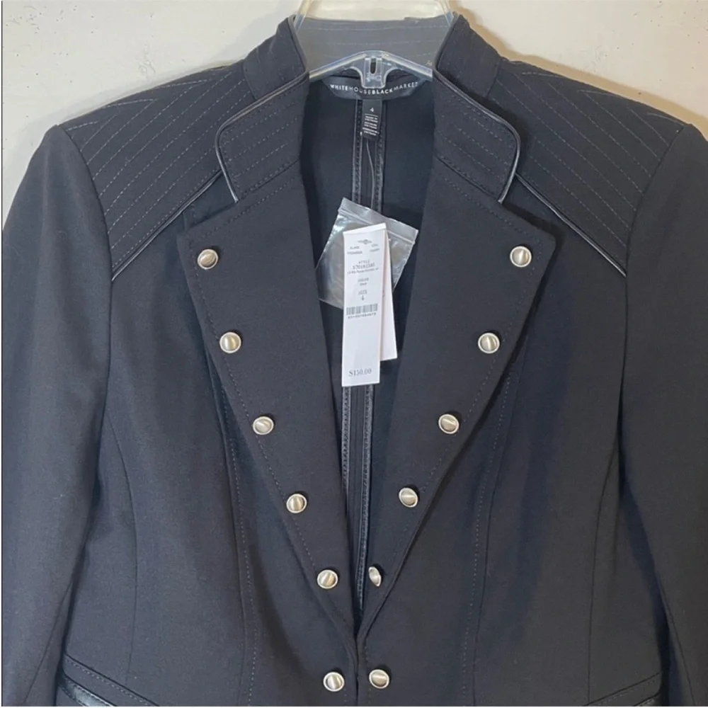 White House Black Market Ponte Black Military Jacket with Leather Pipping. 4.NWT - Picture 4 of 13